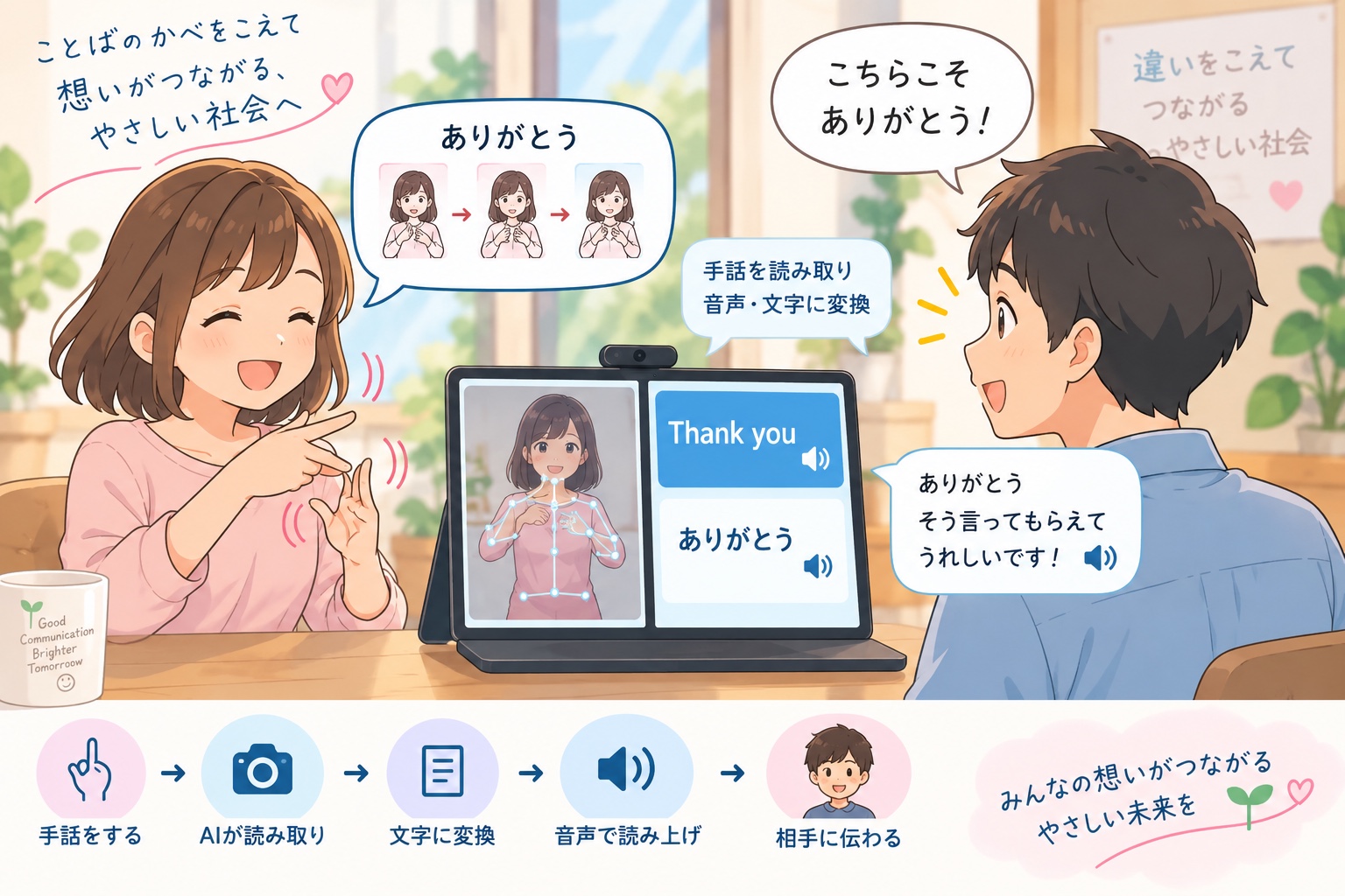手話をAIが読み取りコミュニケーションにつなげるイメージ